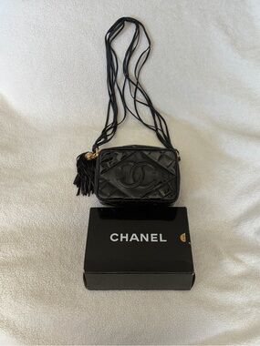 CHANEL Vintage Black Quilted Patent Leather Crossbody Camera Bag with Tassel